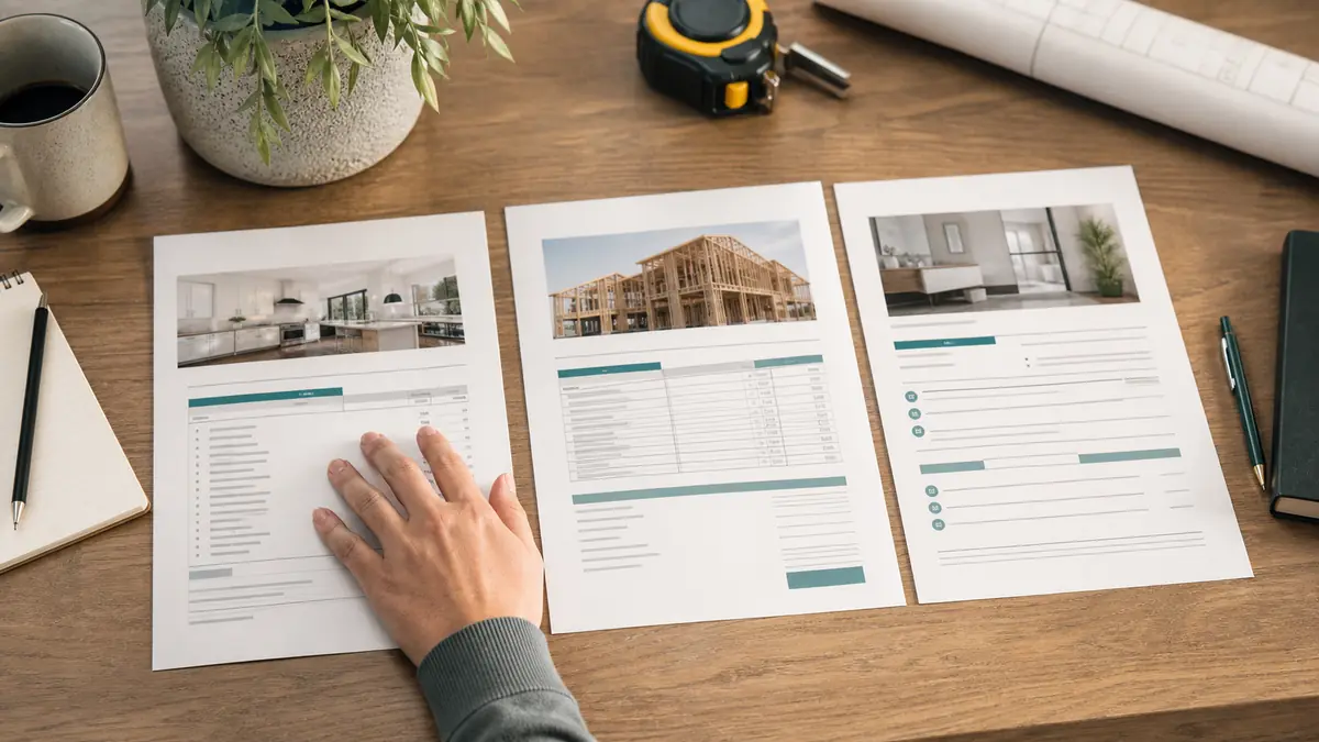 Three contractor documents side by side showing the difference between an estimate, a bid, and a proposal.