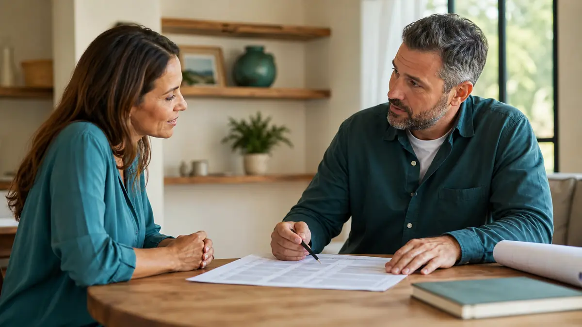 A homeowner negotiating a contractor's bid in a calm professional conversation before signing.
