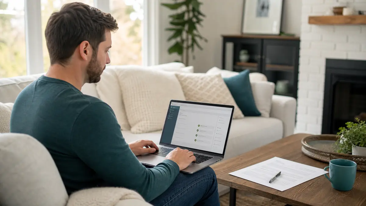 A homeowner verifying a contractor's license status on a laptop before signing a renovation contract.